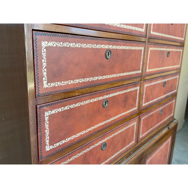 Early 20th Century Chippendale Style Orange Tooled Leather Commode Chest of Drawers, Desk For Sale - Image 11 of 18