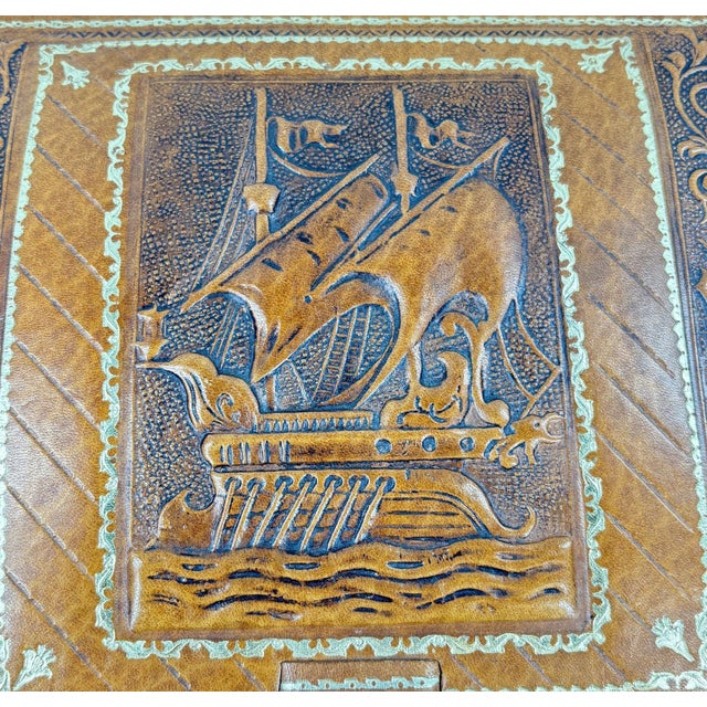 Folk Art Mid 20th Century Argentinian Embossed Leather Music Box With Galleon Motif For Sale - Image 3 of 10