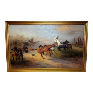 Edith Alice Simkins (1870–1949) “Runaway Horses” 1939 Large Oil on Canvas, Early Wwi Cavalry Aftermath Scene For Sale