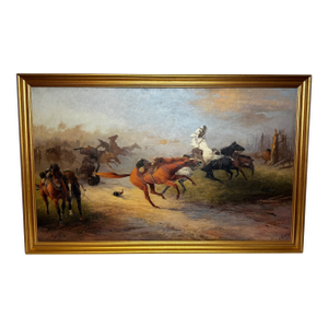Edith Alice Simkins (1870–1949) “Runaway Horses” 1939 Large Oil on Canvas, Early Wwi Cavalry Aftermath Scene