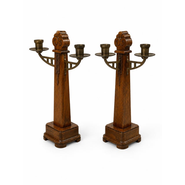 Art Deco Amsterdam School Oak and Brass Candlesticks, 1920s, Set of 2 For Sale - Image 4 of 10