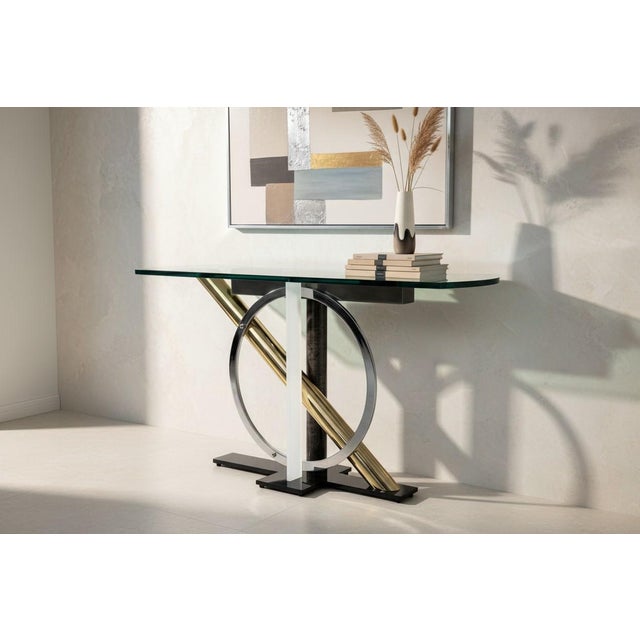 1980s 1980s Kaizo Oto for Dia Modernist -Chrome & Brass Console Table With Sculptural Base and Glass Top For Sale - Image 5 of 14