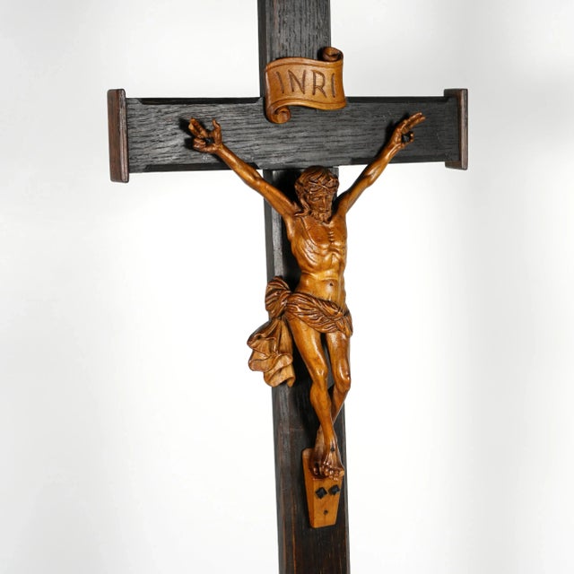 19th Century Antique Neo Gothic Carved Wood Corpus Christ Crucifix Altar Piece, Devil Feet For Sale - Image 4 of 9