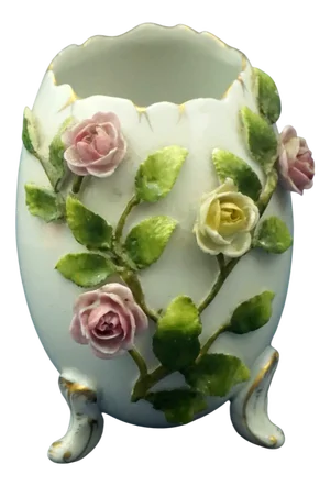 20th Century Egg-Shaped Porcelain Vase with Flowers in Relief from the Plaue Factory, Germany, 1930s