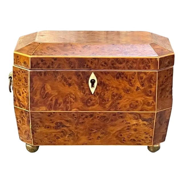 19th Century English Regency Burl Walnut Tea Caddy For Sale