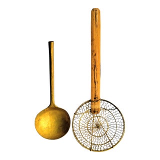 Antique Brass Ladle & Wire Strainer With Bamboo Handle For Sale