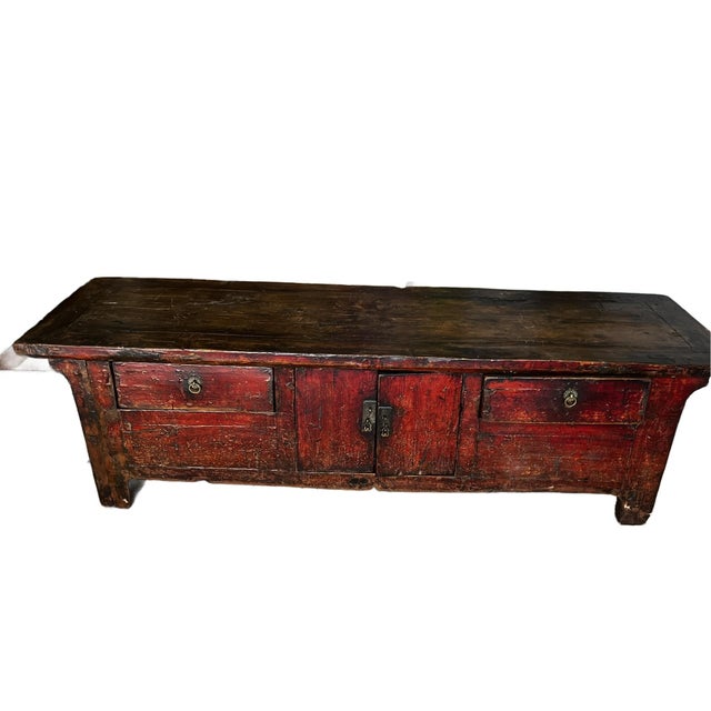 Mid 19th Century Chinese Antique Low Kang Cabinet in Traces of Original Patina of Red Lacquer For Sale - Image 5 of 10