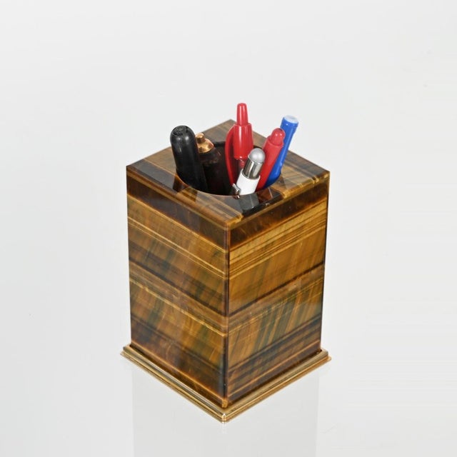 Refined and unique Italian desk pen holder crafted in magnificent natural tiger’s eye and finished with elegant gilt 800...