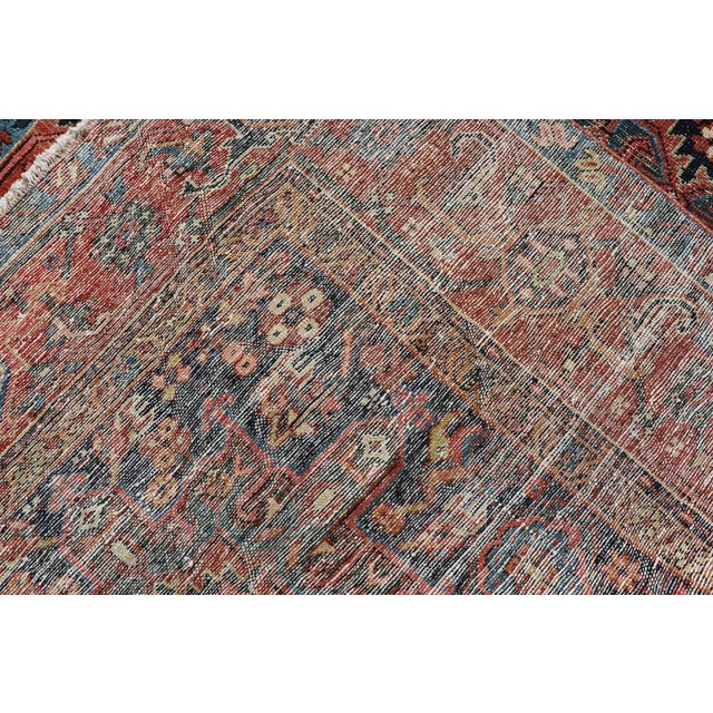 Antique Persian Heriz With Medallion Design in Ivory, Dark Blue & Jewel Tones For Sale - Image 9 of 9