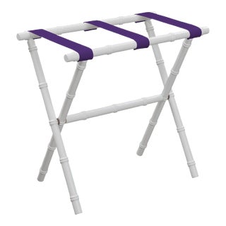 White Wood Bamboo Inspired Luggage Rack with 3 Purple Nylon Straps For Sale