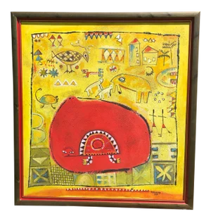 1999 Figurative Abstract Mixed-Media Painting by Nigerian Born Artist Tola Wewe, Framed