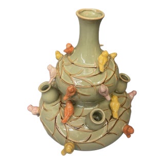 Vintage Italian Hand-Painted Ceramic Bird Tulipiere & Bud Vase For Sale