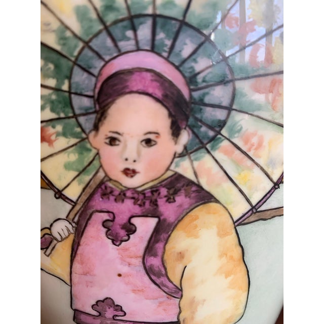 Limoges, France Antique Vintage Limoges Porcelain 2 Handled Vase Chinese Child With Her Umbrella Circa 1920 For Sale - Image 4 of 11