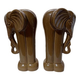 Vintage Mid Century Modern Ceramic Elephant Bookends - Glazed Brown - Pair For Sale