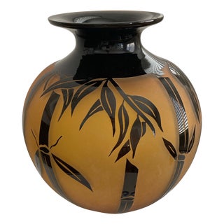 Correia Art Glass and Black Cameo Style Bamboo Vase Limited Edition For Sale