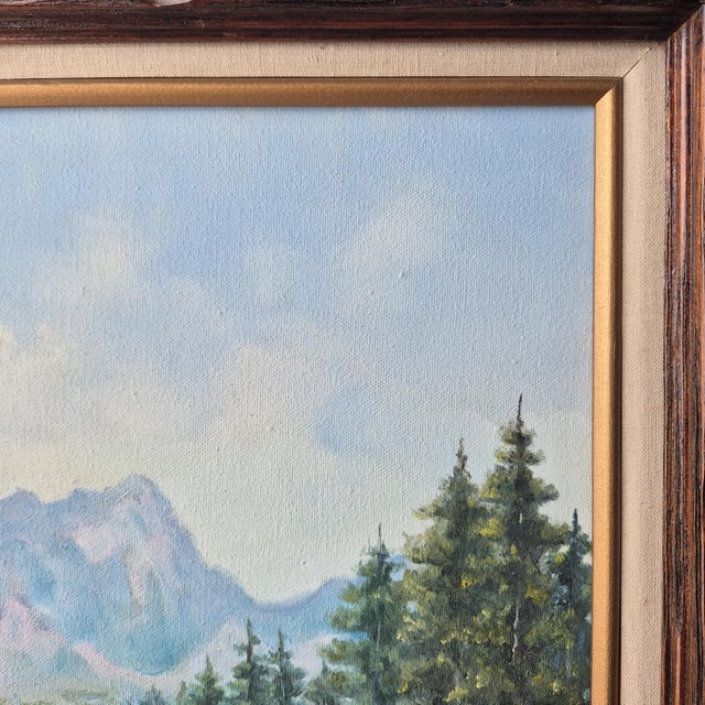 1980s VTG 85' Mountain Lake Landscape Painting on Canvas Signed Original 12x16" Framed For Sale - Image 5 of 16