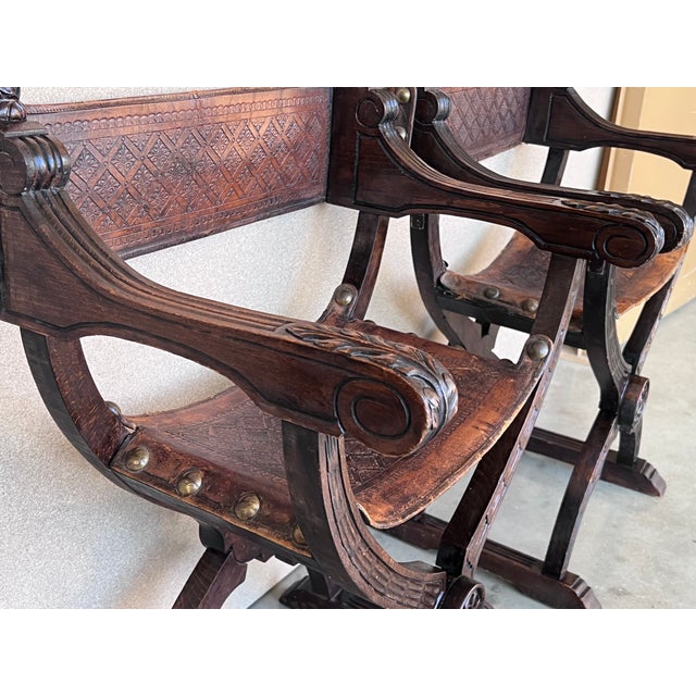 Wood 19th Century Pair of Carved Walnut Folding Scissors Savonarola Bench or Settle For Sale - Image 7 of 13