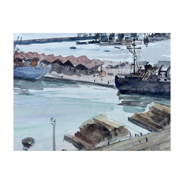 Jean-Eugène Bersier, The Port of Algiers, Watercolor on Mimeographed Paper For Sale - Image 5 of 7