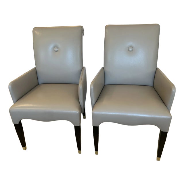 Tailored Custom Taupe Leather Club Chairs -a Pair For Sale