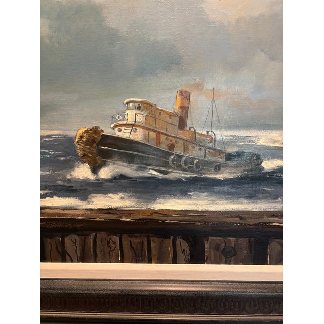 Nautical Coastal Original 1979 Vintage Maritime Oil “Old Sea Captain at the Helm” by Otto M. K. Sieberg – Coastal Nautical Seascape, 56″ × 32″ Framed For Sale - Image 3 of 6