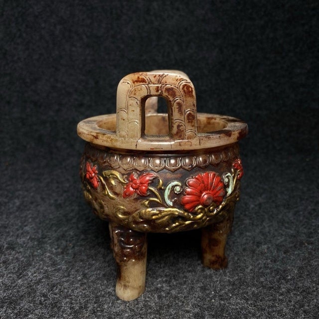 Vintage Chinese Archaic-Style Stone Censer With Twin Handles and Floral Relief Carvings For Sale - Image 4 of 9