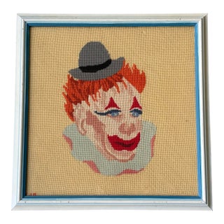 Vintage Framed Needlepoint Clown Portrait – Folk Art Textile Wall Decor, Signed For Sale