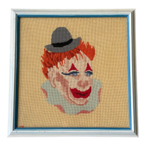 Vintage Framed Needlepoint Clown Portrait – Folk Art Textile Wall Decor, Signed