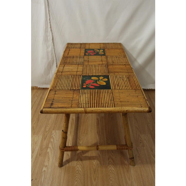 Coffee Table in Rattan and Ceramic by Audoux Minet for Vallauris, 1960s For Sale - Image 4 of 9