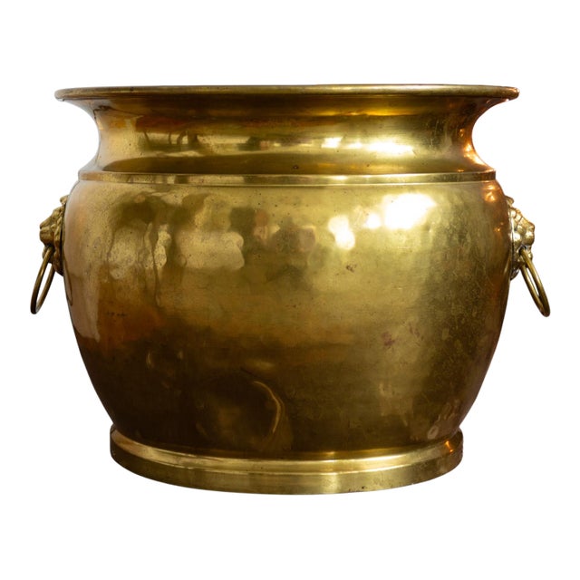 Brass Plated Lions Heads Firewood Holder or Large Planter For Sale