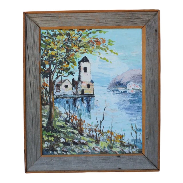 Vintage Coastal Painting Framed in Reclaimed Wood For Sale