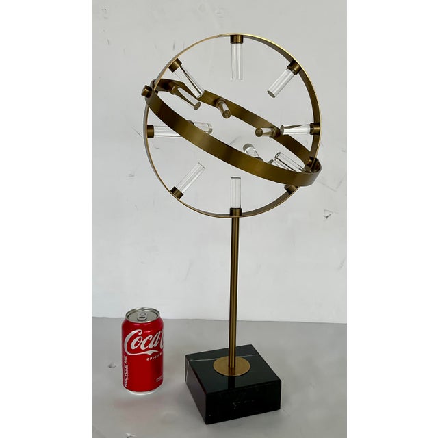 Unique Modern Brass and Black Marble Sphere Sculpture, glass peg accents, showroom floor sample