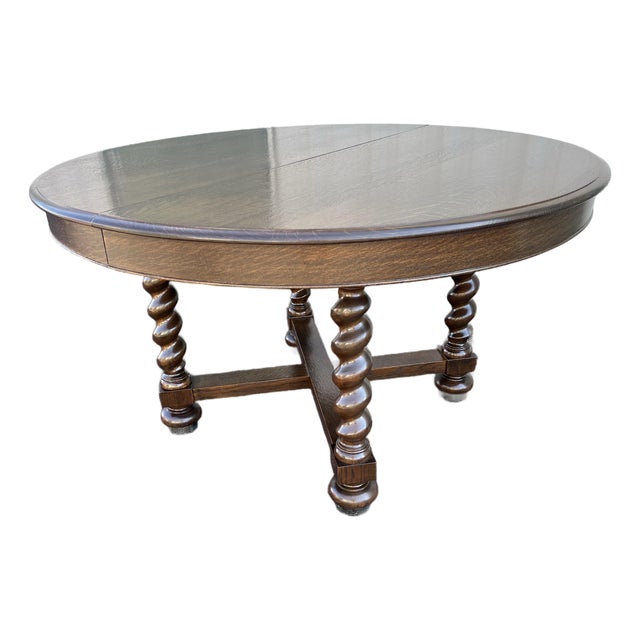 Antique Victorian Quartersawn Oak Barley Twist Extension Dining Table- Refinished For Sale