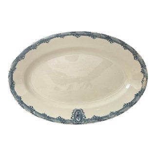Antique French Ironstone Oval Platter, Faïencerie De Salins (Rigal & Ameline), C. 1885–1910, Blue Garland Border For Sale