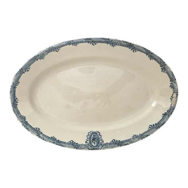 Antique French Ironstone Oval Platter, Faïencerie De Salins (Rigal & Ameline), C. 1885–1910, Blue Garland Border For Sale