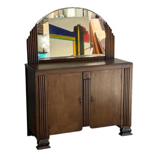 1940s Art Deco Oak Cabinet With Arched Mirror For Sale