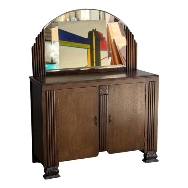 1940s Art Deco Oak Cabinet With Arched Mirror For Sale