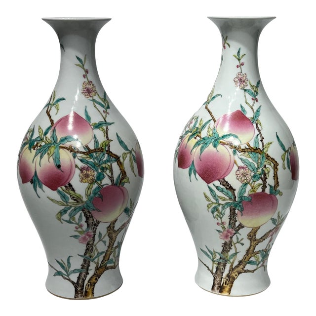 Pair of Mid 20th Century Yongzheng Style Chinese Export Porcelain Vases With Peach Tree Designs For Sale