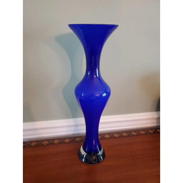 Mid-Century Modern Vintage Krosno Makora Hand Blown 16" Cobalt Blue Glass Flower Vase For Sale - Image 3 of 4