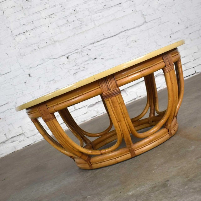 Vintage Coastal Style Coffee or End Table Round Rattan Drum Shape With Laminate Top For Sale - Image 4 of 11