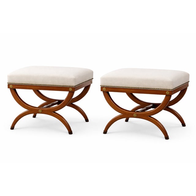 Wood Mid-Century Neo-Classical Klismos Style Walnut & Marble Side Tables or Stools - Pair For Sale - Image 7 of 7