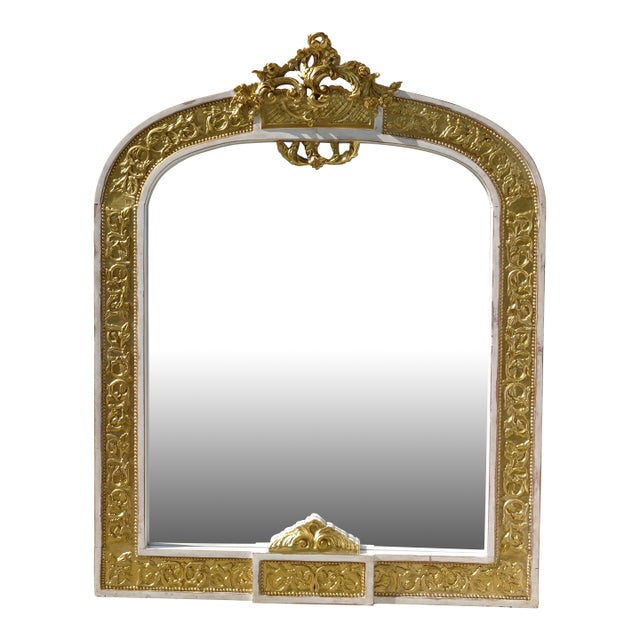 Antique French Louis XVI Baroque Style Solid Wood Gold & White Rustic Mirror For Sale
