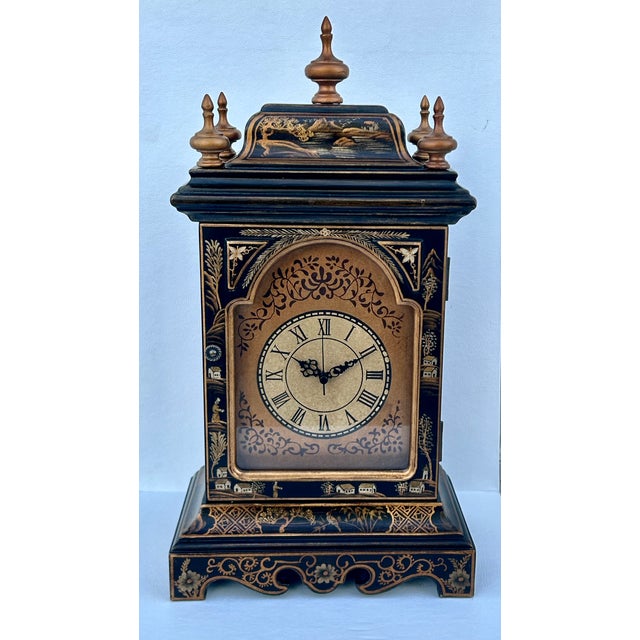 Vtg. Reproductive Chinoiserie Battery Operated Mantel Clock W/Removable Finials For Sale - Image 9 of 14