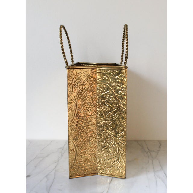Mid-Century Modern 1970s Embossed Brass Shopping Tote Bag Magazine Holder For Sale - Image 3 of 8