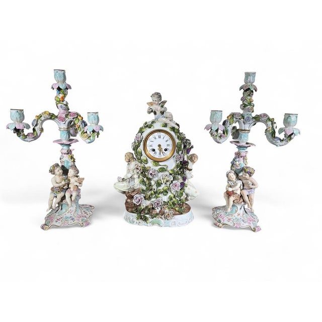 Antique German Porcelain Clock Garniture Set with Candelabra, 1890, Set of 3 For Sale - Image 6 of 15