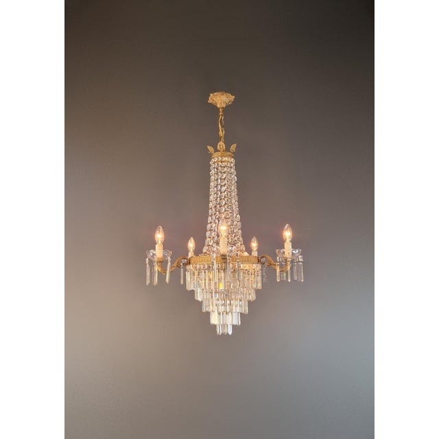 Antique Italian Neoclassical Crystal Chandelier Brass Original Wooden Sockets For Sale - Image 4 of 11