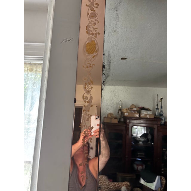 Romantic soft aged peach glass and etched framed Venetian mantle mirror. Decorator scale at 59” high. Glamorous in any room!