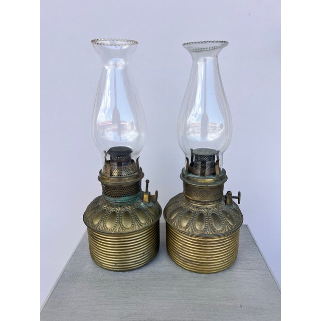 Metal Antique Brass and Glass Chimney Oil Lamps - 2 For Sale - Image 7 of 9