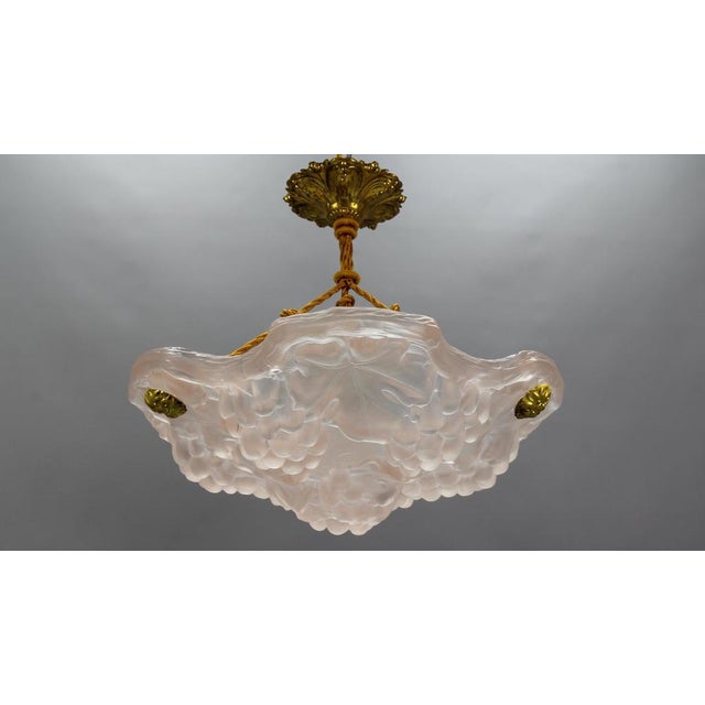Gold French Light Pink Frosted Glass Pendant Light with Grapes Vines by Verdun, 1930s For Sale - Image 8 of 18