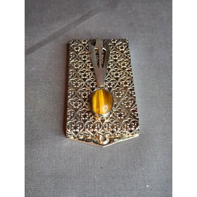 Vintage Israel Sterling Silver 925 Filigree Mezuzah Case Tiger's Eye Stone Judaica For Sale - Image 9 of 18