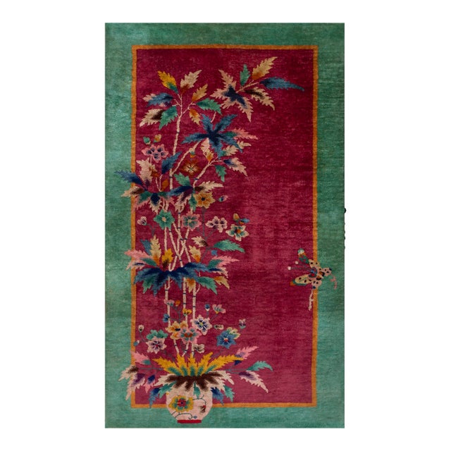 Amazing Pink Blush Color and Turquoise Teal Border With Floral Design Antique Chinese Art Deco Rug For Sale